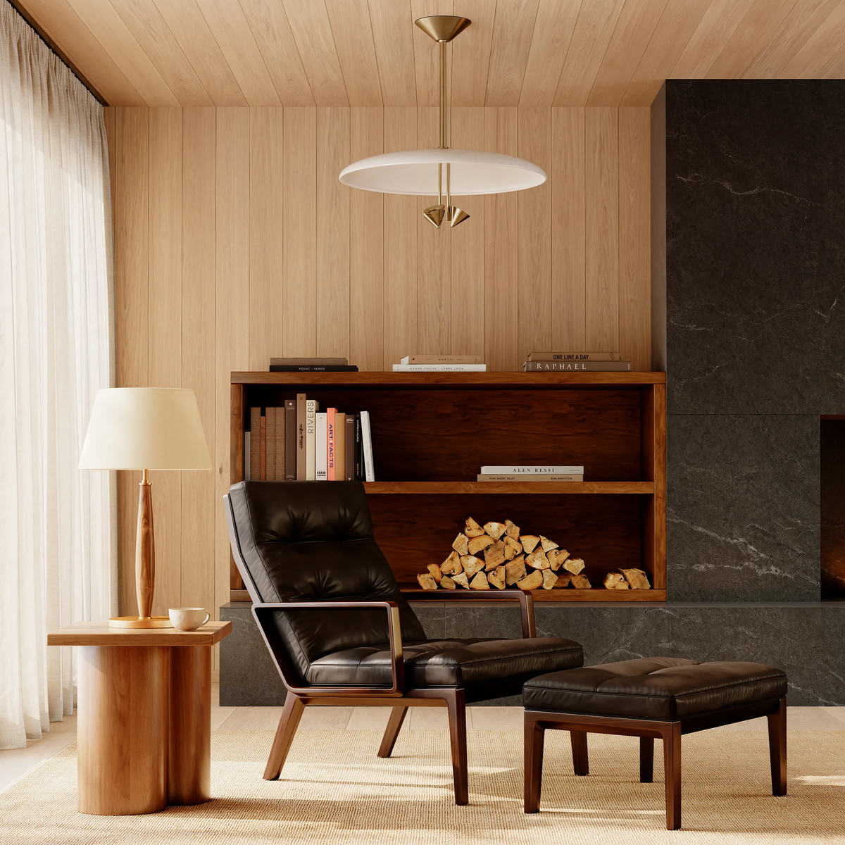 A mid-century wood-paneled room with a wooden bookshelf, side table, and Garth pendant light by Hudson Valley.
