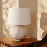 Karina Table lamp with white linen shade on wooden side table
