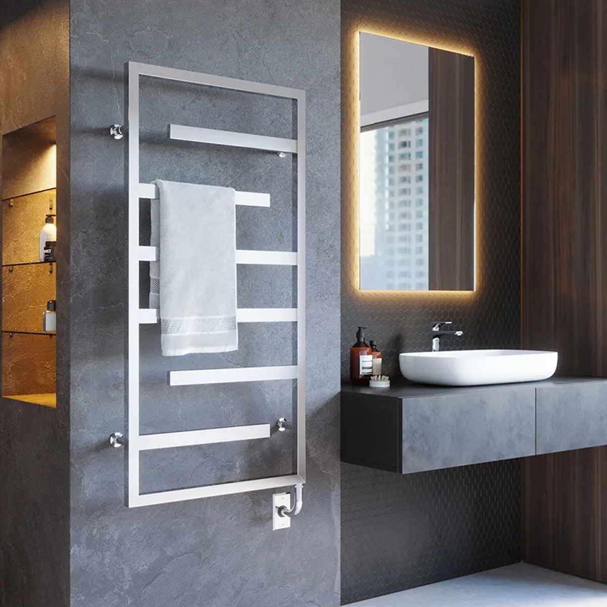 Ico TUZIO Vasto towel warmer in modern bathroom