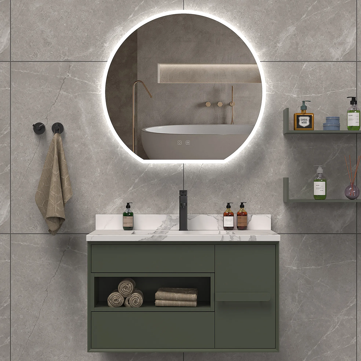 Ico Hudson LED Mirror above green bathroom vanity