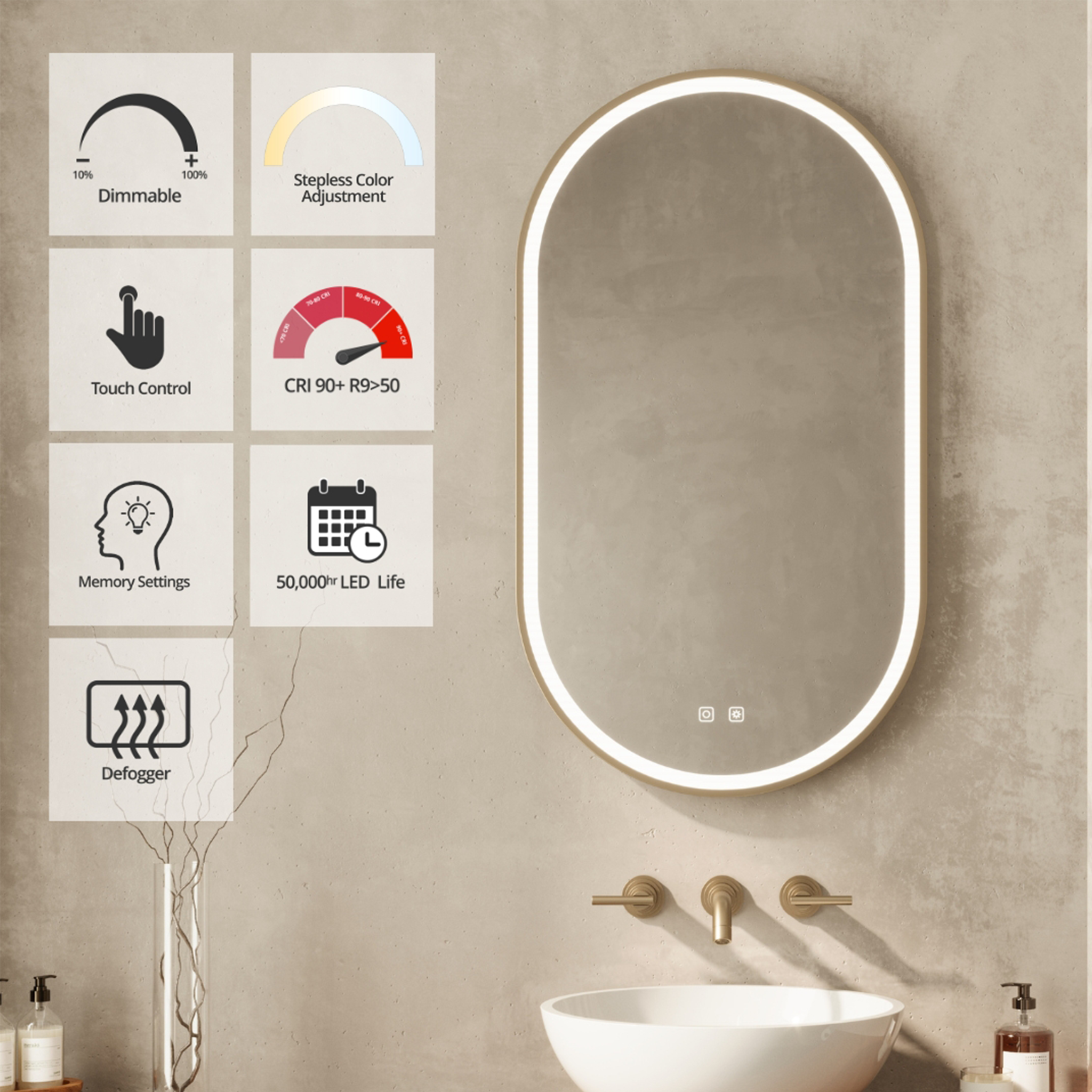 Bathroom mirror with LED lighting features on a beige wall.