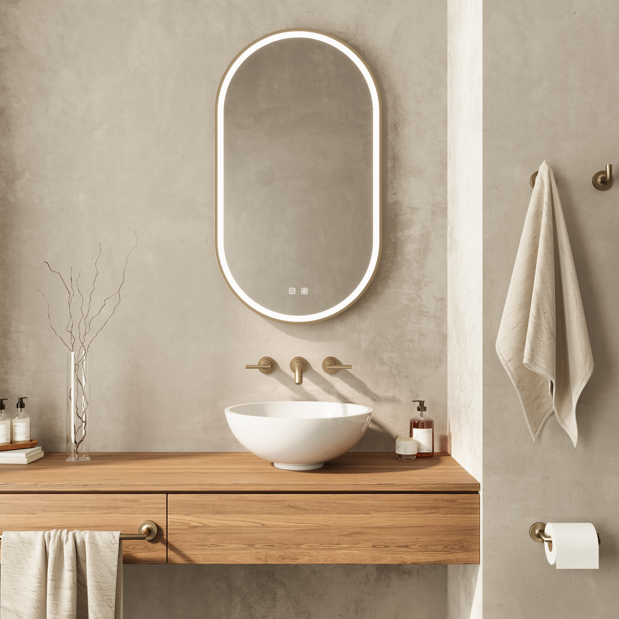 Bathroom with wooden vanity, white sink, and oval mirror.