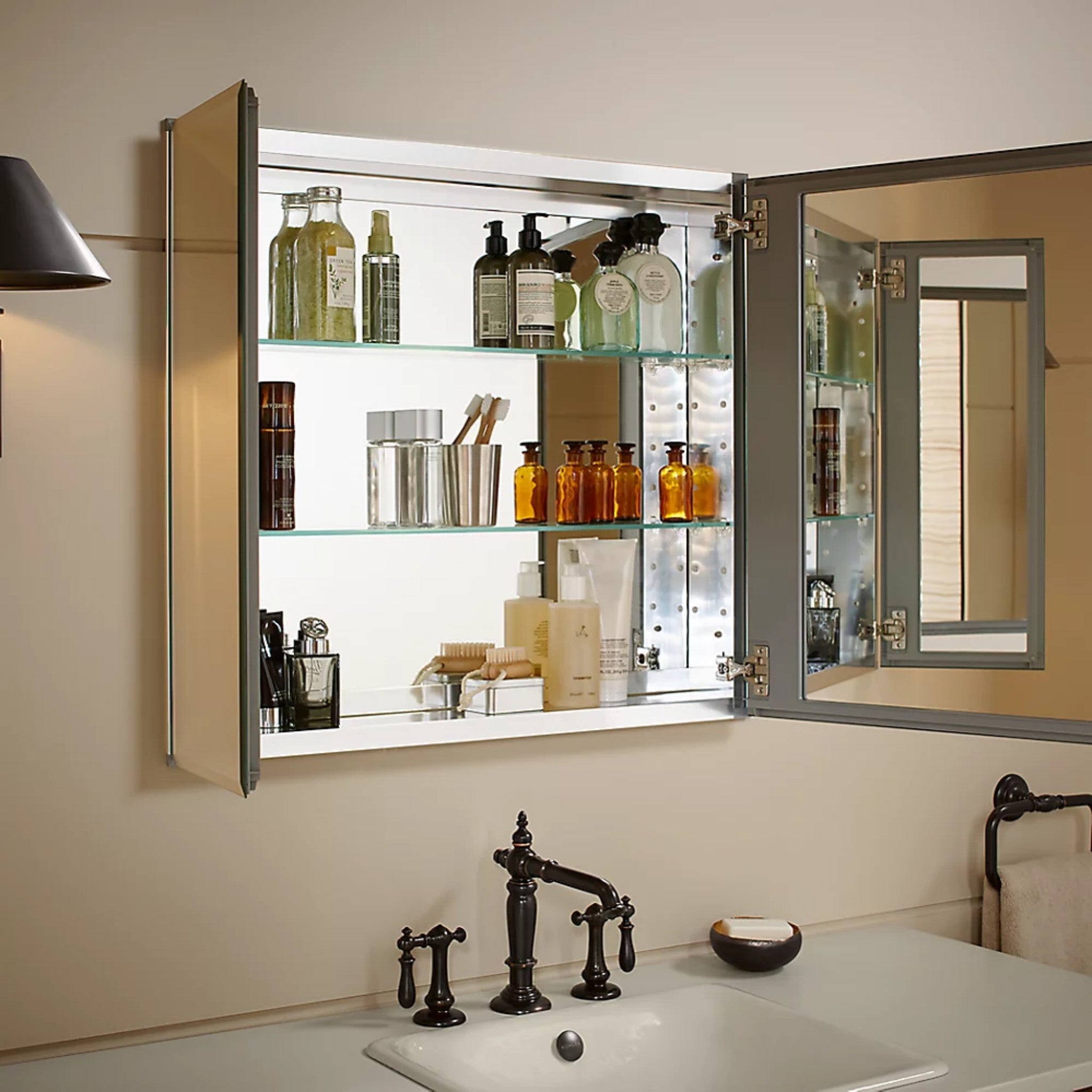 30 X 26 INCHES ALUMINUM TWO-DOOR MEDICINE CABINET WITH MIRRORED DOORS AND BEVELED EDGES - robinsonco.ca