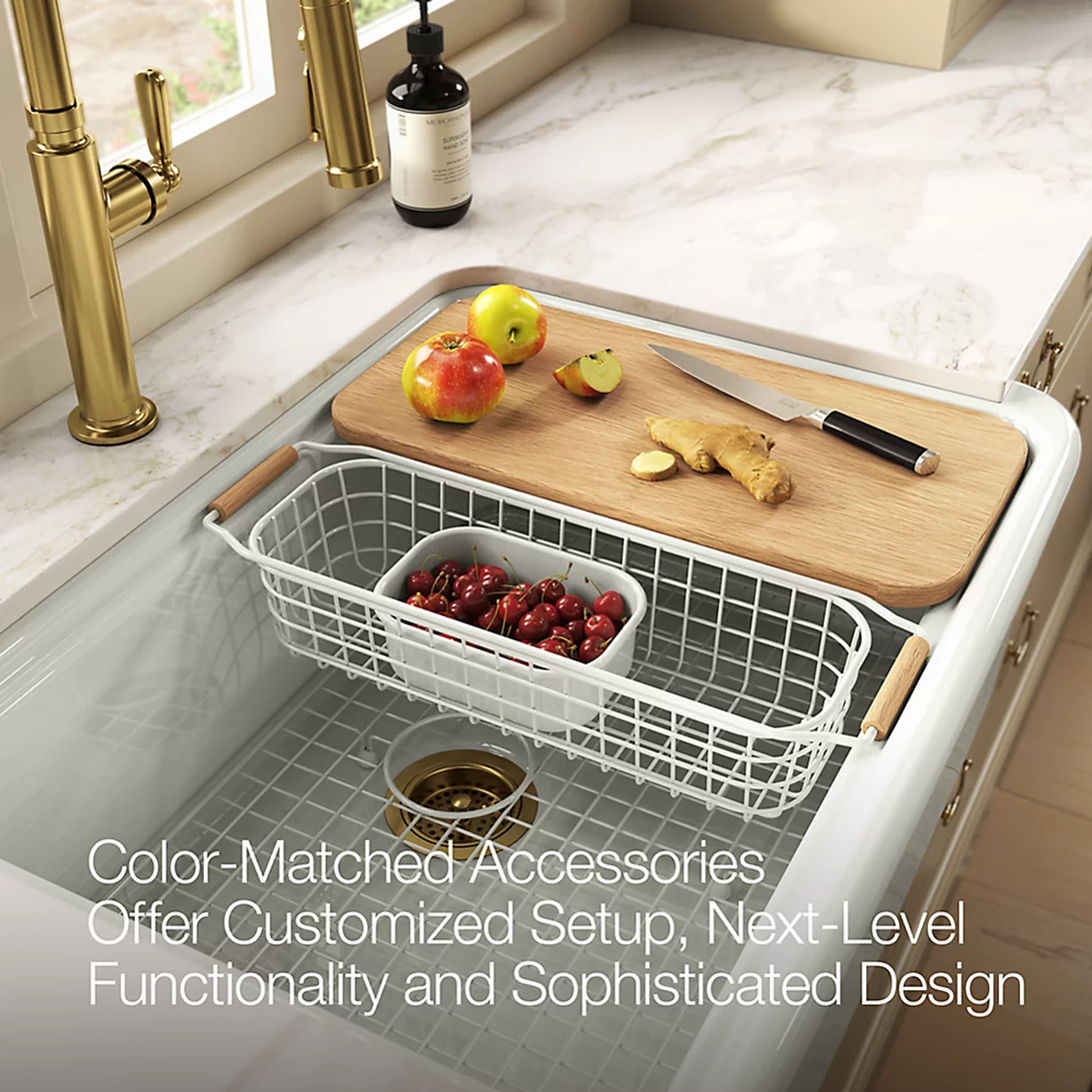 Audrine undermount single-bowl farmhouse kitchen sink by Kohler with cutting board and basket