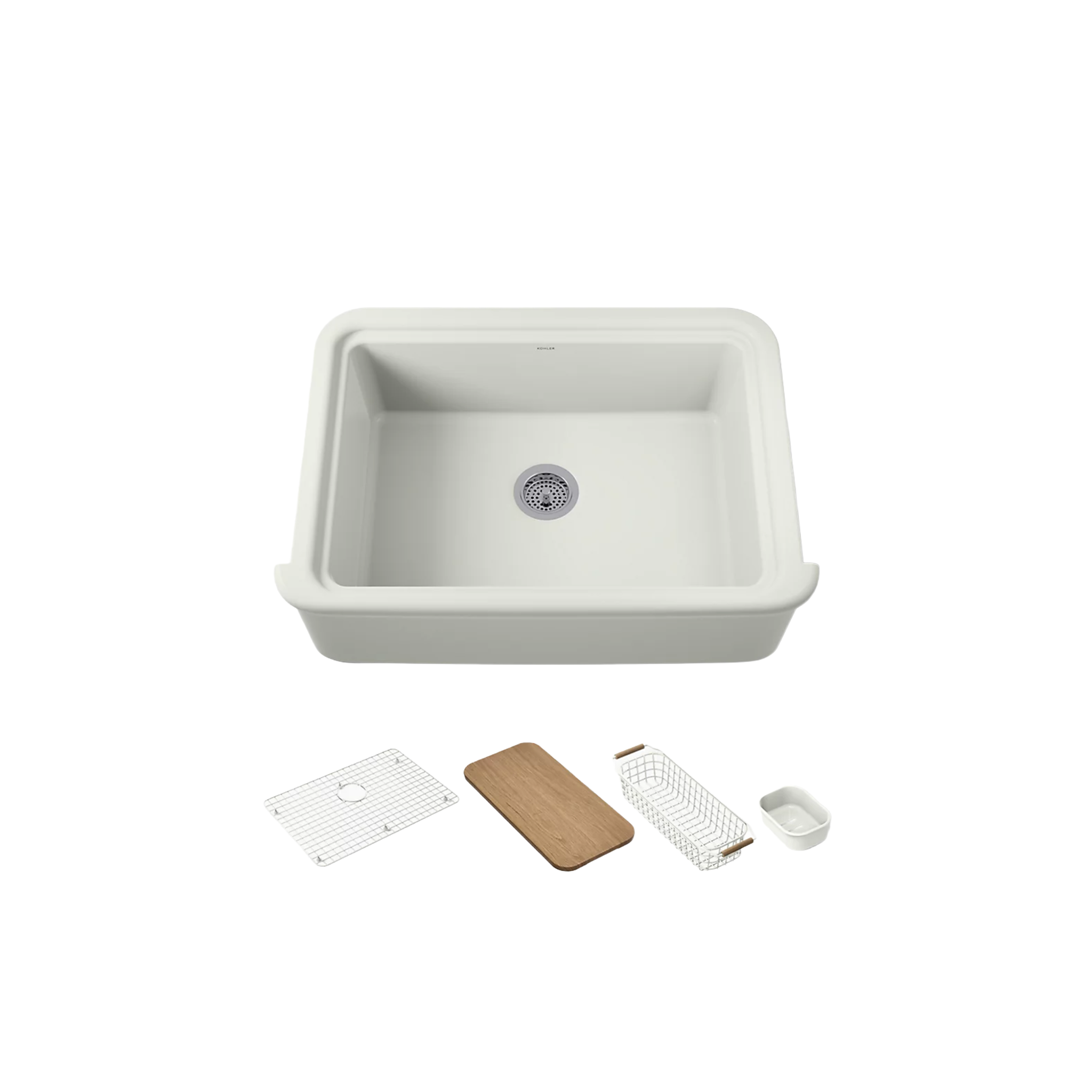 Kohler AUDRINE™ undermount single-bowl farmhouse kitchen sink in dune with accessories