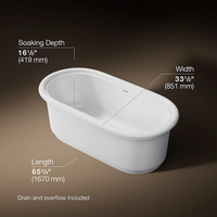 Claude™ freestanding bathtub by Kohler with dimensions shown