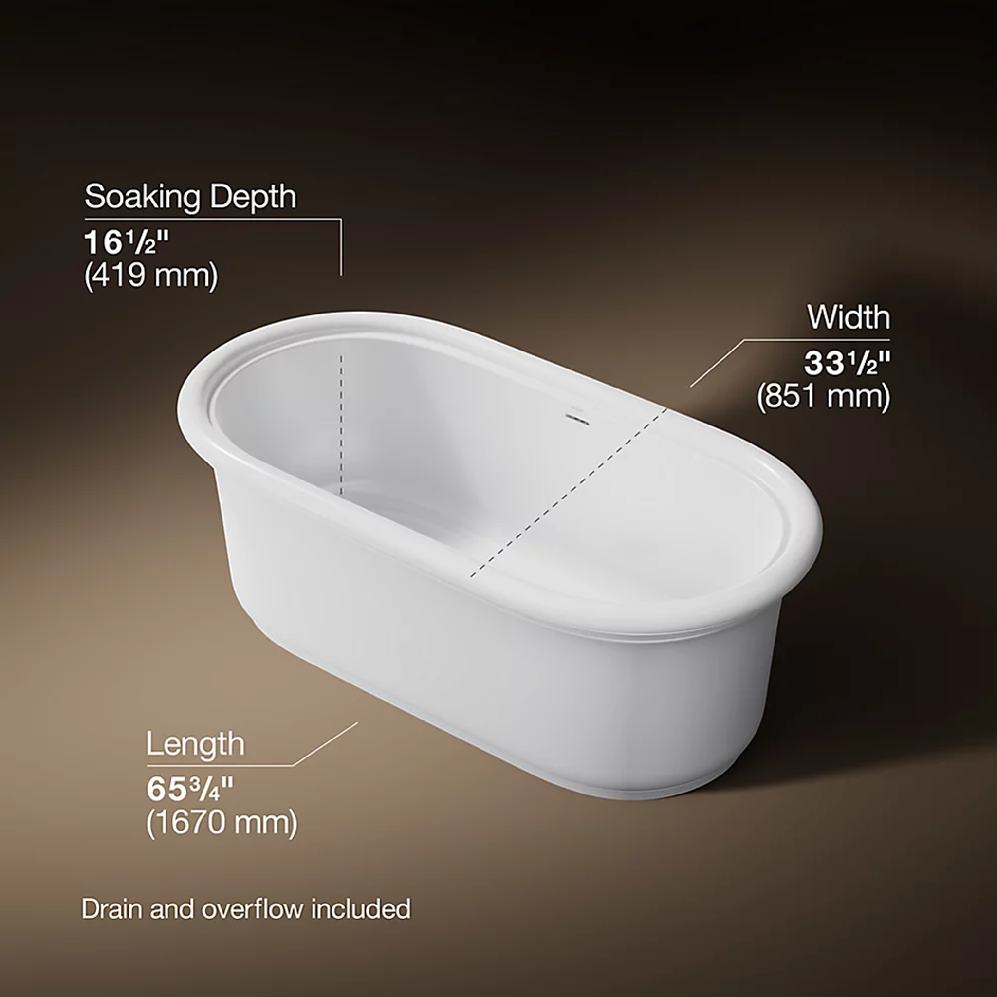 Claude™ freestanding bathtub by Kohler with dimensions shown