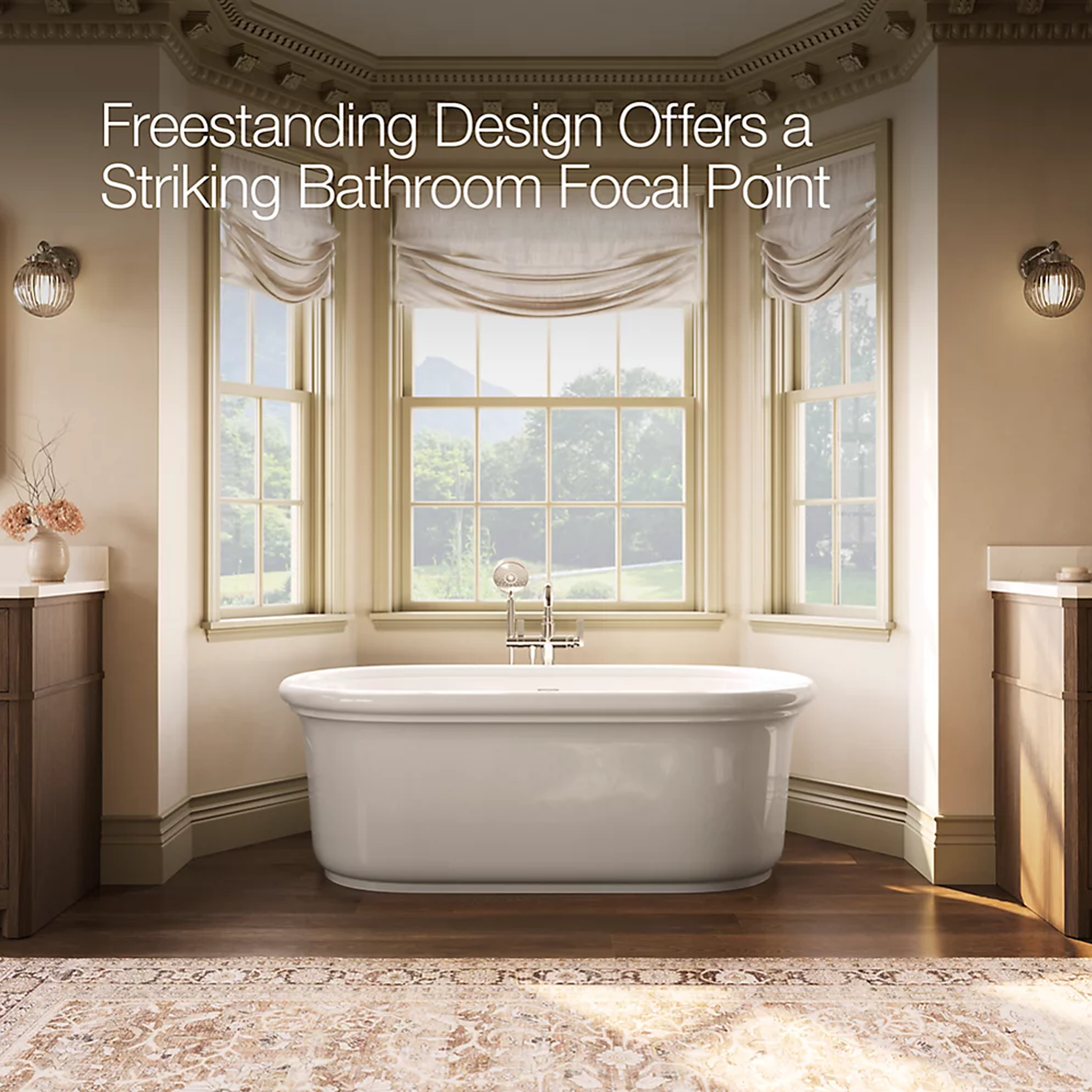 Claude™ freestanding bathtub by Studio McGee in elegant bathroom by Kohler shown in bathroom with bathtub as focal point.