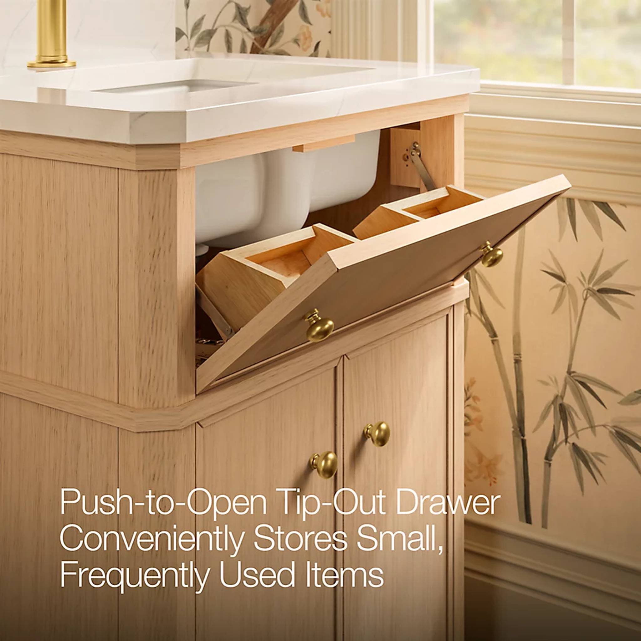 Claude™ Bathroom Vanity Cabinet by Kohler with push-to-open tip-out drawer