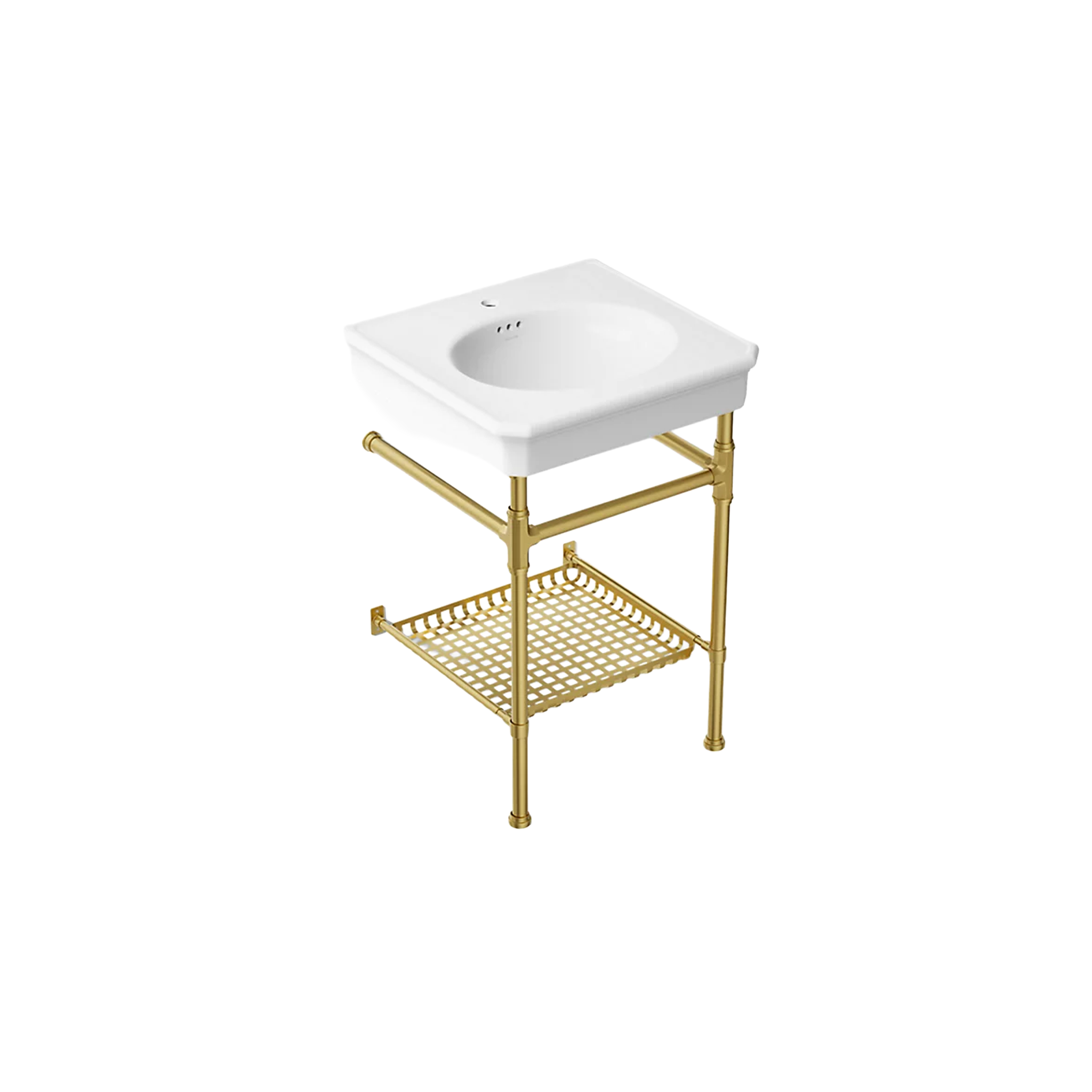 Claude™ console table bathroom sink by Kohler with white basin and brushed moderne brass frame