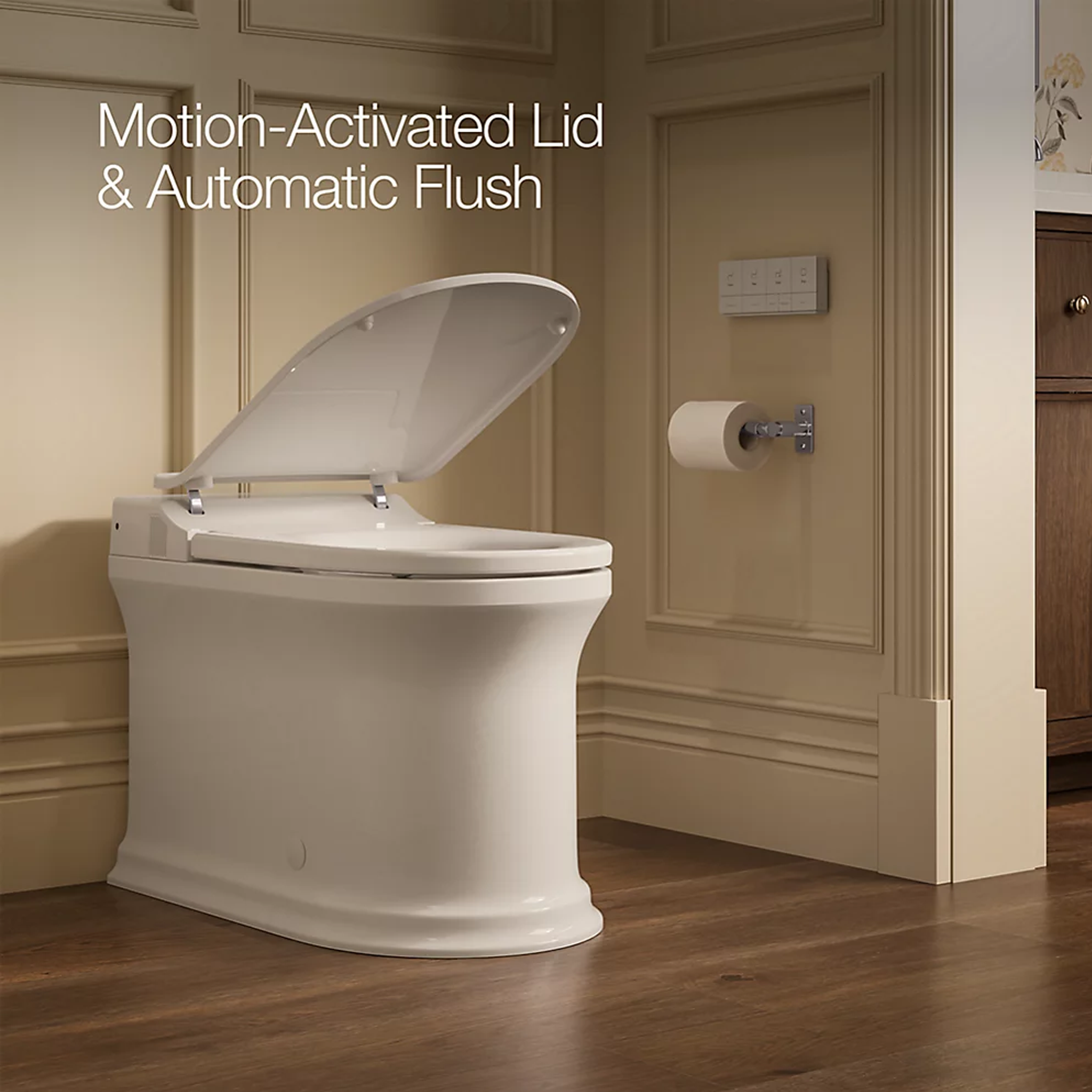 Claude™ one-piece elongated smart toilet by Kohler in dune finish