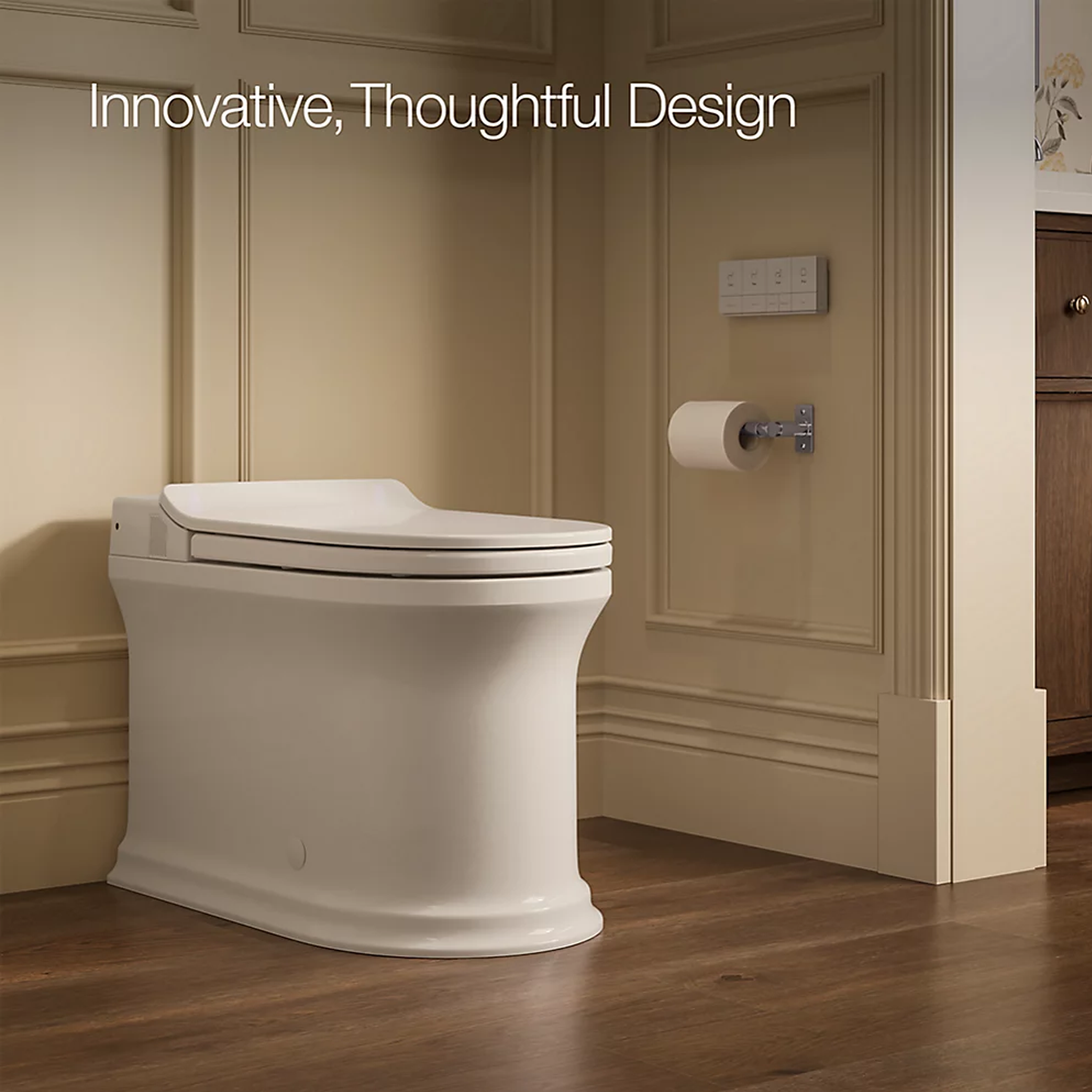 Claude™ one-piece elongated smart toilet by Kohler in bathroom