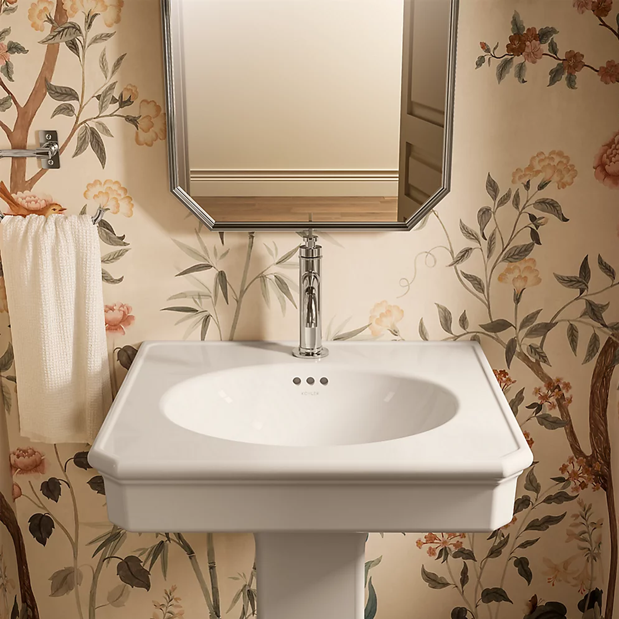 Claude pedestal bathroom sink by Studio McGee in white finish by Kohler