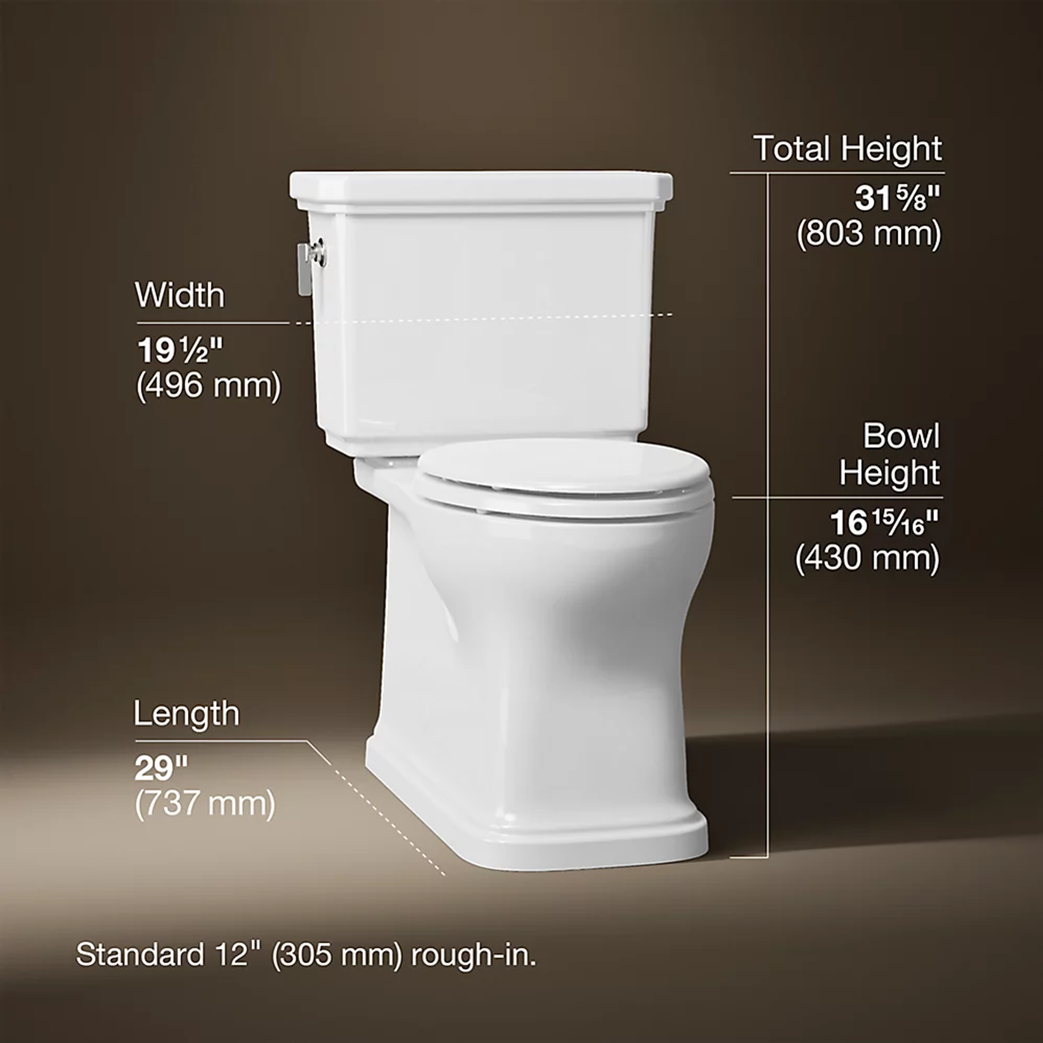 Claude™ two-piece elongated toilet by Studio McGee in white by Kohler with dimensions.