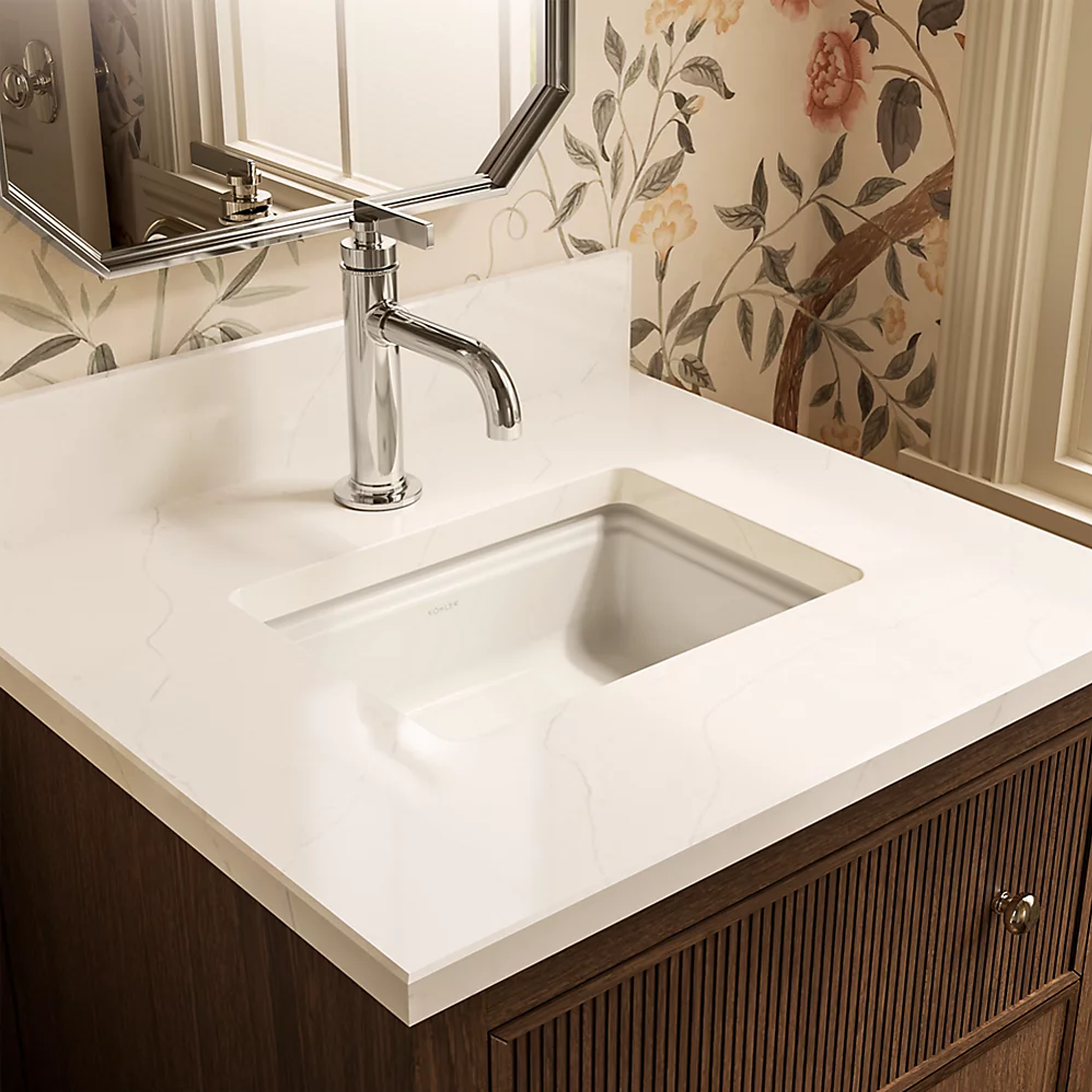 CLAUDE™ undermount bathroom sink by Studio McGee installed in vanity by Kohler