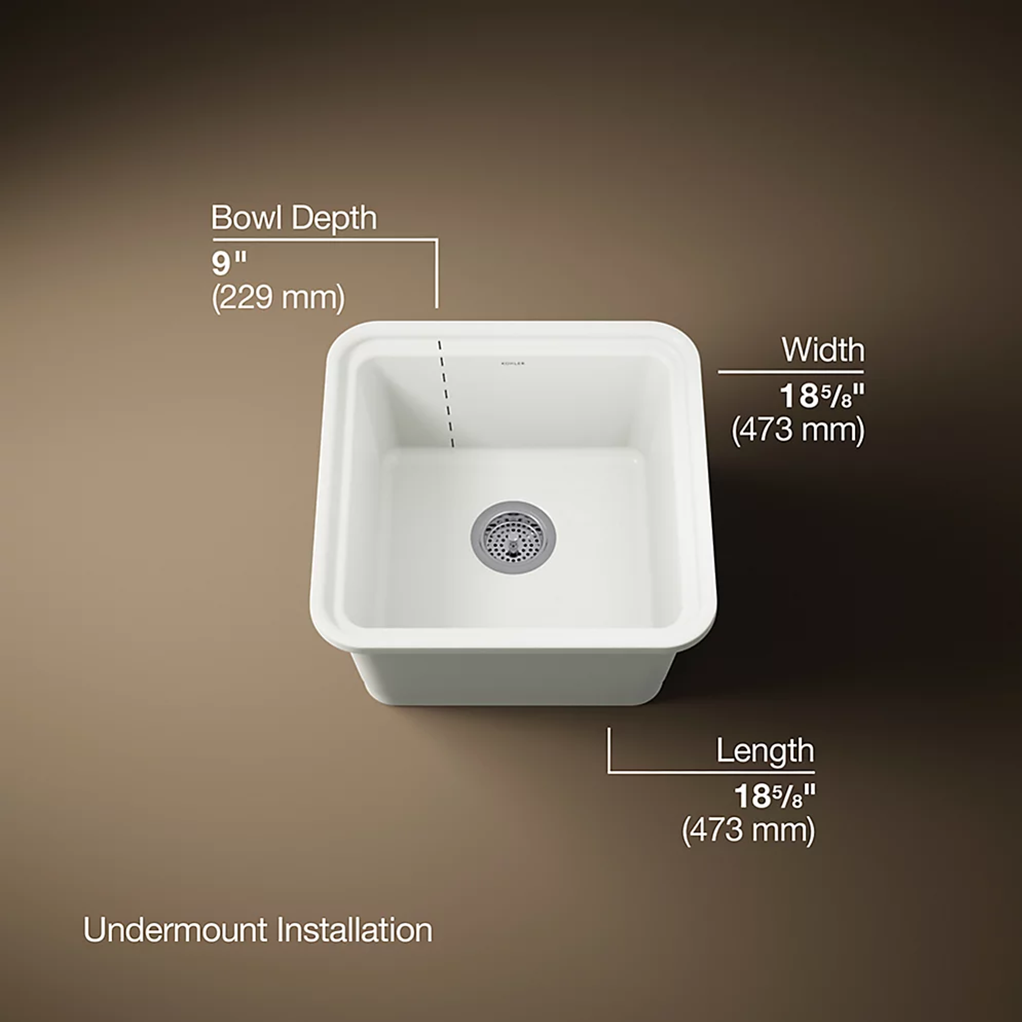 AUDRINE™ undermount bar sink by Studio McGee from Kohler with dimensions