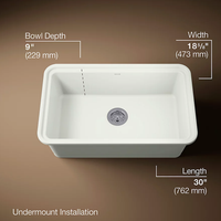 Audrine™ undermount single-bowl kitchen sink by Kohler showing dimensions