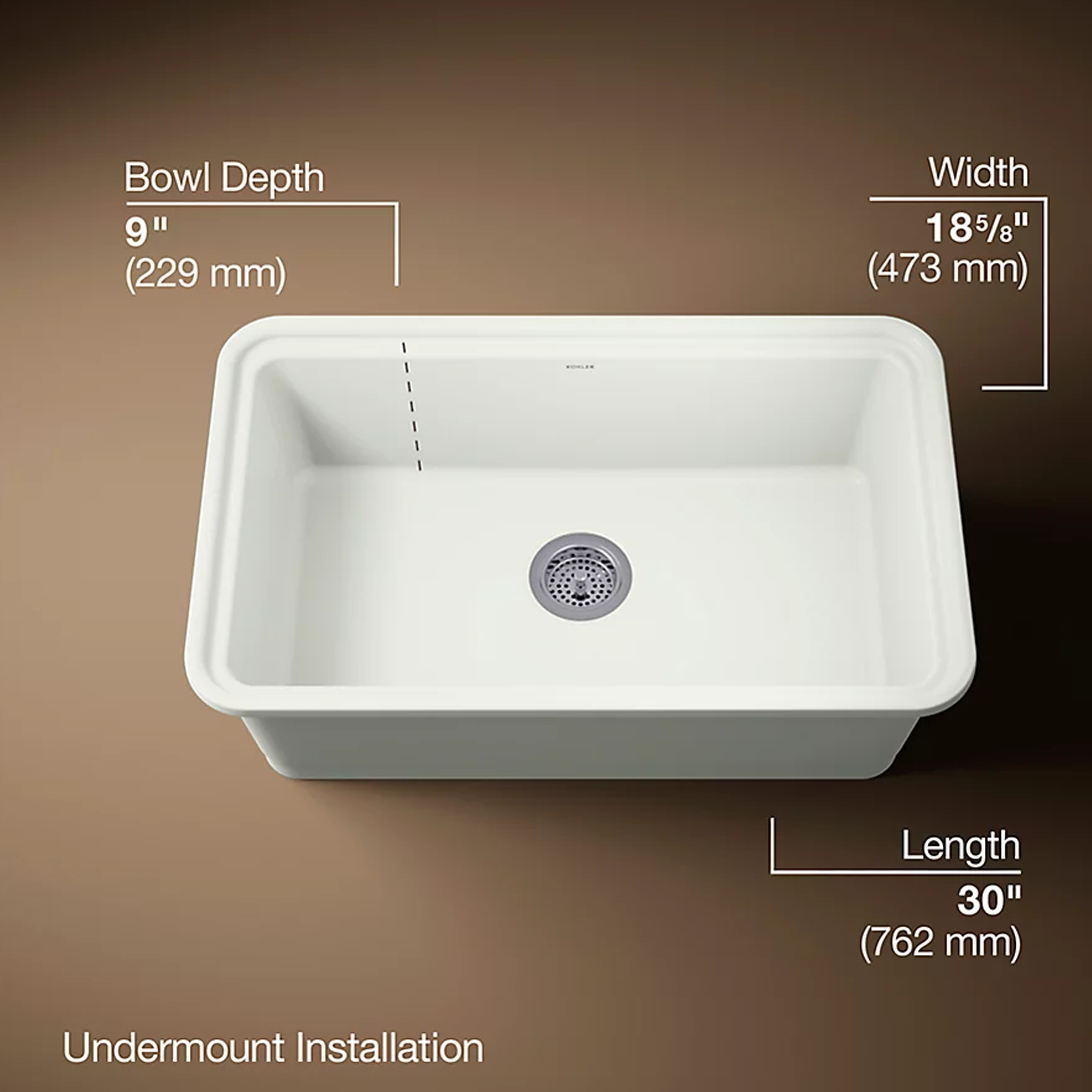 Audrine™ undermount single-bowl kitchen sink by Kohler showing dimensions
