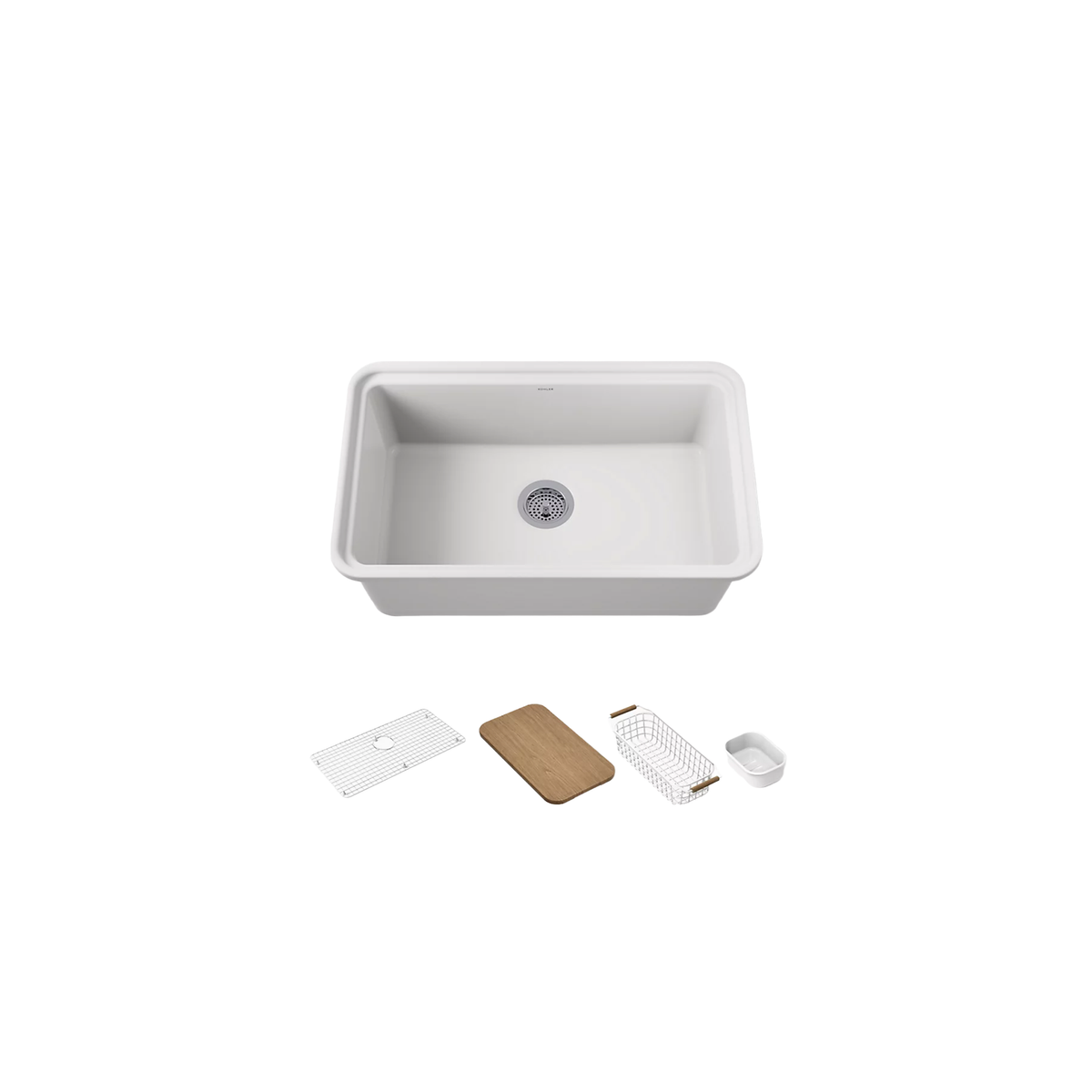 AUDRINE™ undermount single-bowl kitchen sink by Kohler in white with accessories