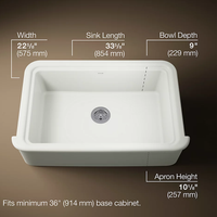 AUDRINE™ undermount single-bowl farmhouse kitchen sink by Kohler with dimensions