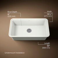 Audrine™ undermount single-bowl kitchen sink by Kohler with dimensions