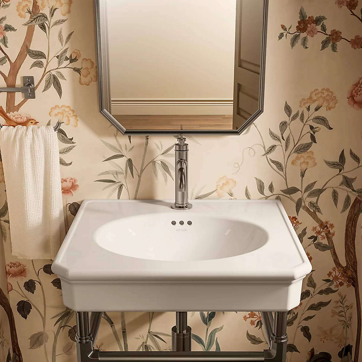 CLAUDE™ Console Table Bathroom Sink by Studio McGee by Kohler in white finish installed in bathroom with mirror.