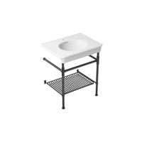 Claude console table bathroom sink by Studio McGee from Kohler with white basin and black metal frame