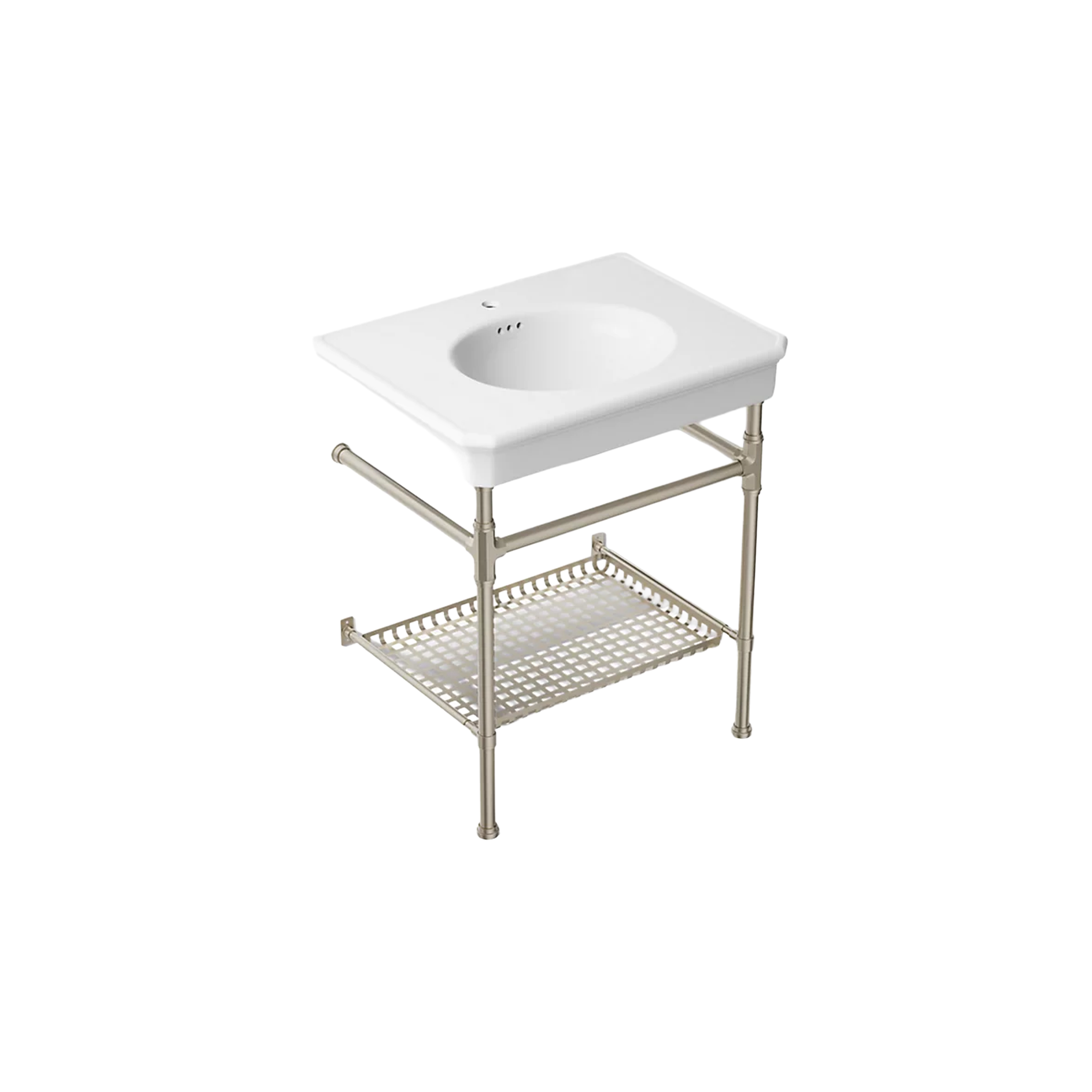 CLAUDE™ Console Table Bathroom Sink by Studio McGee in white with brushed nickel frame by Kohler