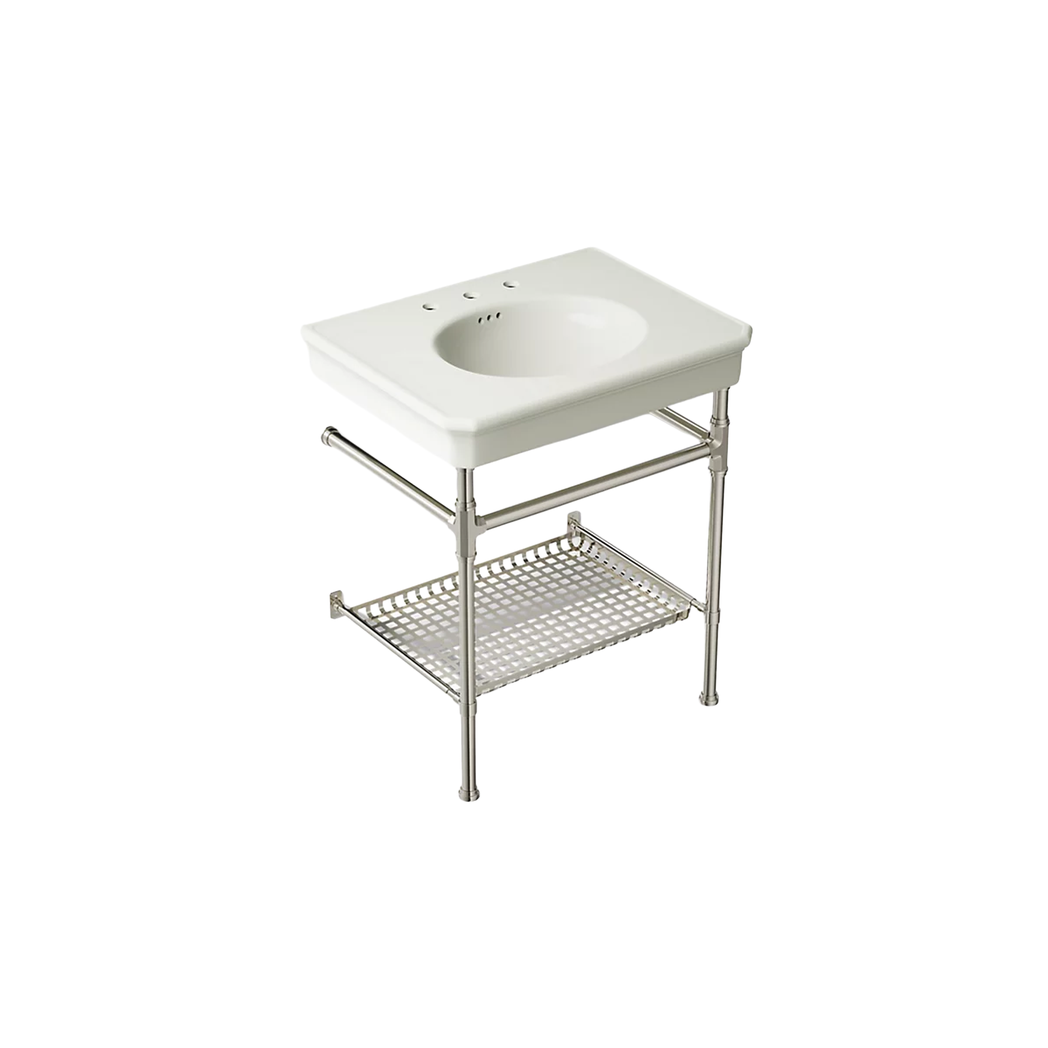 Claude™ console table bathroom sink by Studio McGee from Kohler with metal frame and white basin