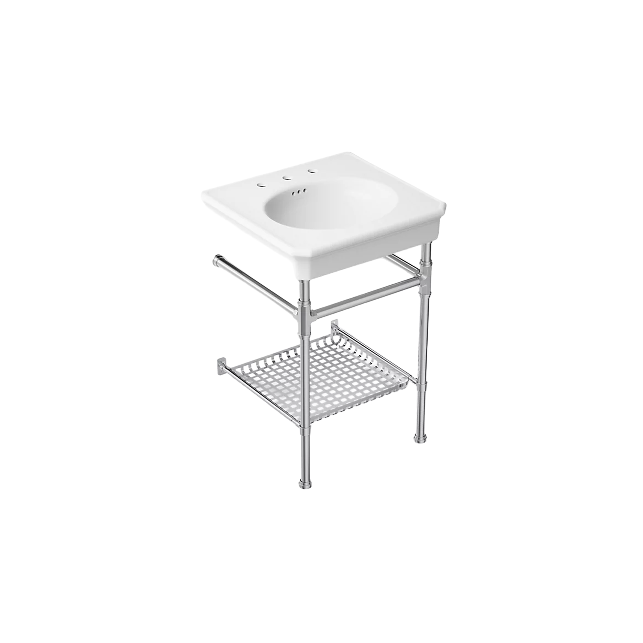 Claude™ console table bathroom sink by Studio McGee from Kohler in white with Polished Chrome frame.