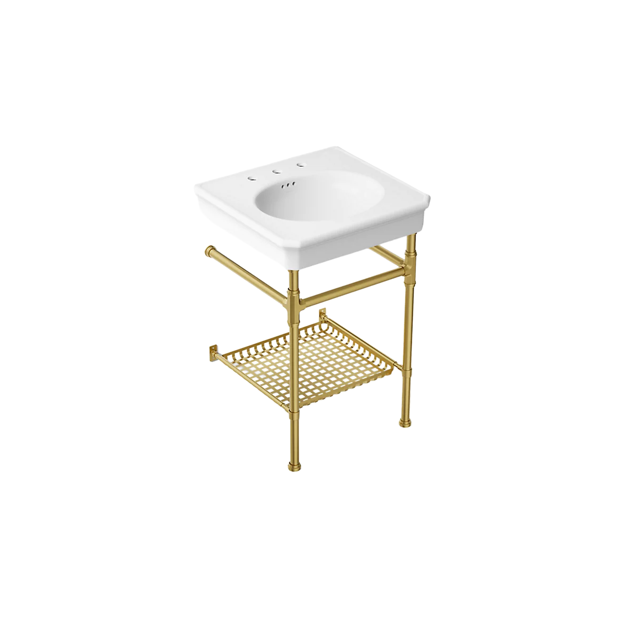 CLAUDE™ console table widepsread bathroom sink by Studio McGee with vibrant brushed Moderne brass frame by Kohler
