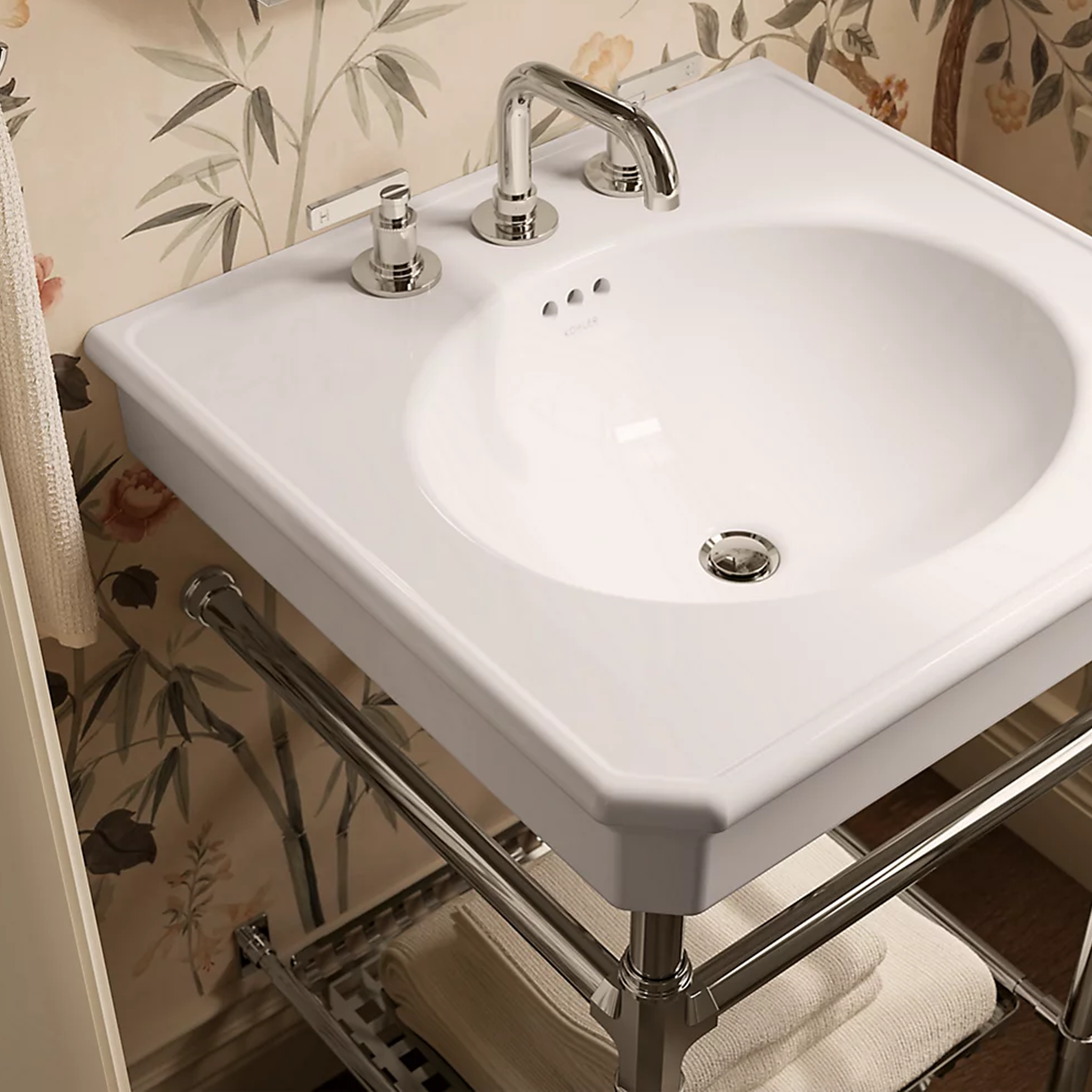 CLAUDE™ Console Table Bathroom Sink by Studio McGee from Kohler shown installed in bathroom