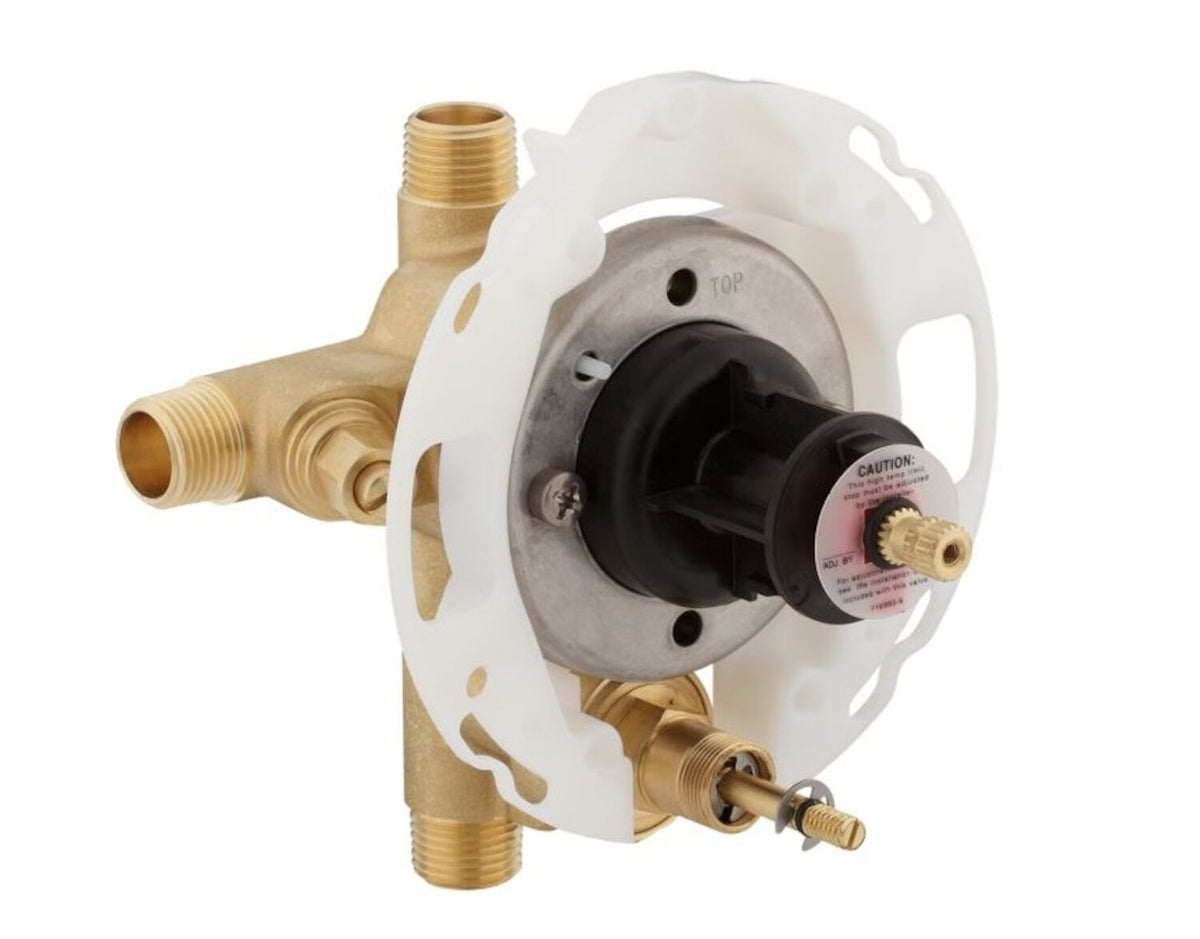 RITE-TEMP(R) 1/2-INCH PRESSURE-BALANCING VALVE WITH PUSH-BUTTON DIVERTER AND SCREWDRIVER STOPS