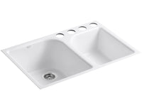 EXECUTIVE CHEF™ 33 X 22 X 10-5/8 INCHES UNDER-MOUNT LARGE/MEDIUM, HIGH/LOW DOUBLE-BOWL KITCHEN SINK WITH 4 OVERSIZE FAUCET HOLES