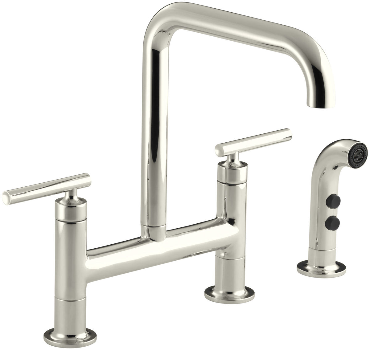 PURIST® TWO-HOLE DECK-MOUNT BRIDGE KITCHEN SINK FAUCET WITH 8-3/8-INCH SPOUT AND MATCHING FINISH SIDESPRAY - robinsonco.ca