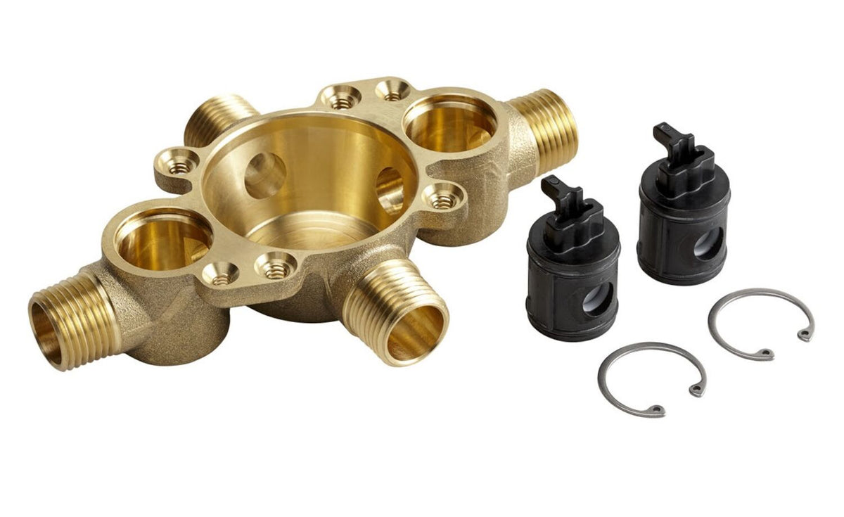 RITE-TEMP(R) PRESSURE-BALANCING VALVE BODY AND CARTRIDGE KIT WITH SERVICE STOPS