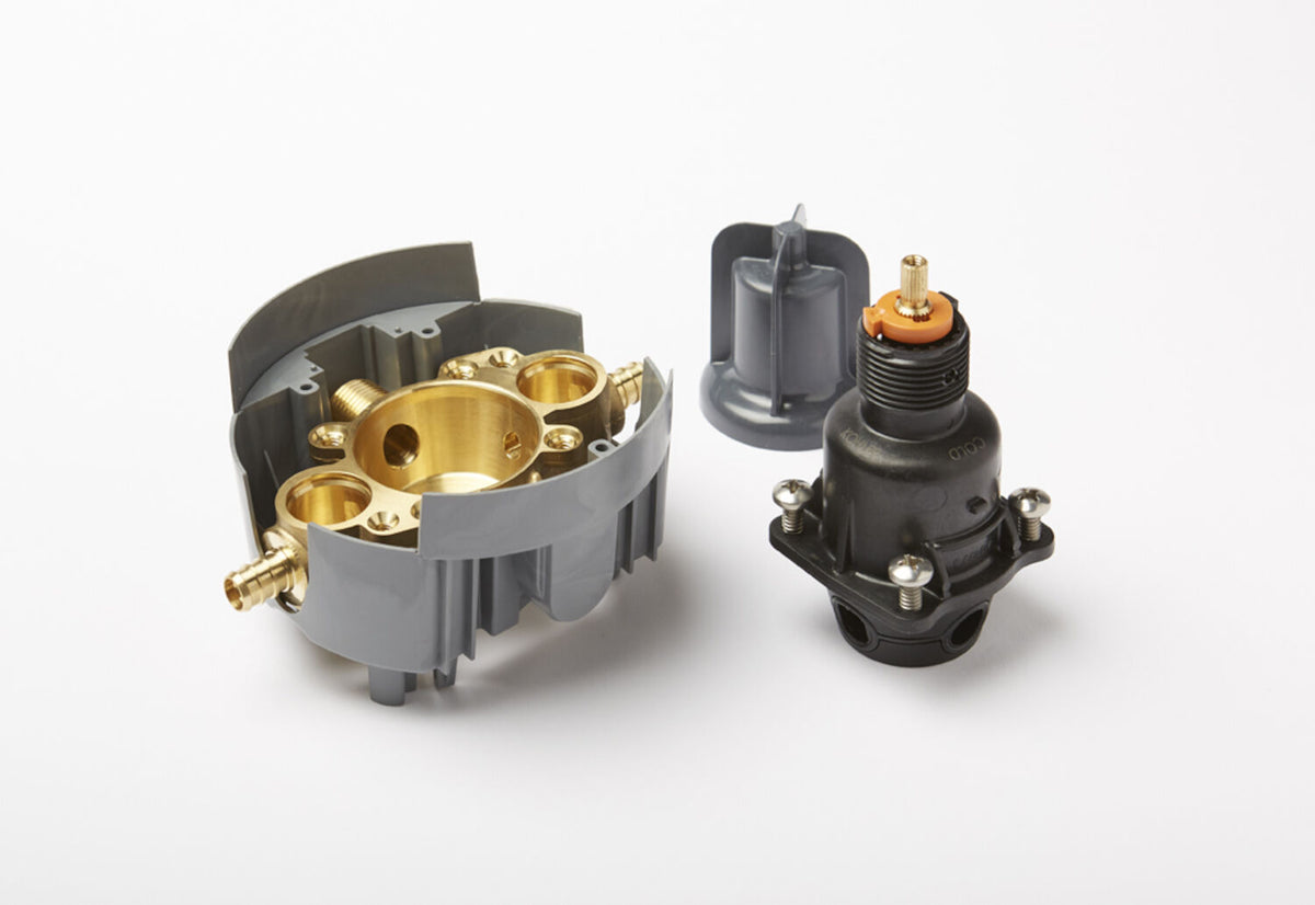 RITE-TEMP(R)  PRESSURE-BALANCING VALVE BODY AND CARTRIDGE KIT WITH SERVICE STOPS AND PEX CRIMP CONNECTIONS