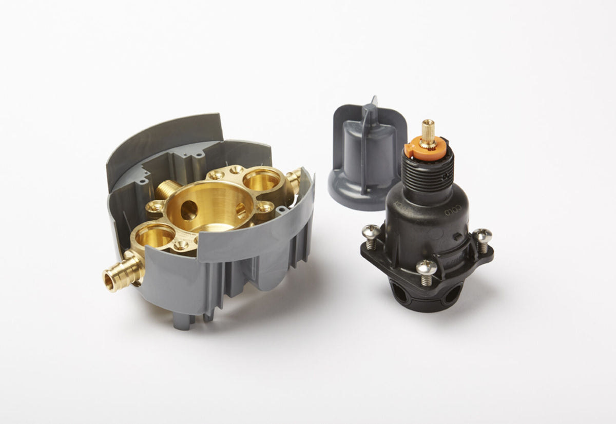 RITE-TEMP(R) PRESSURE-BALANCING VALVE BODY AND CARTRIDGE KIT WITH SERVICE STOPS AND PEX EXPANSION CONNECTIONS