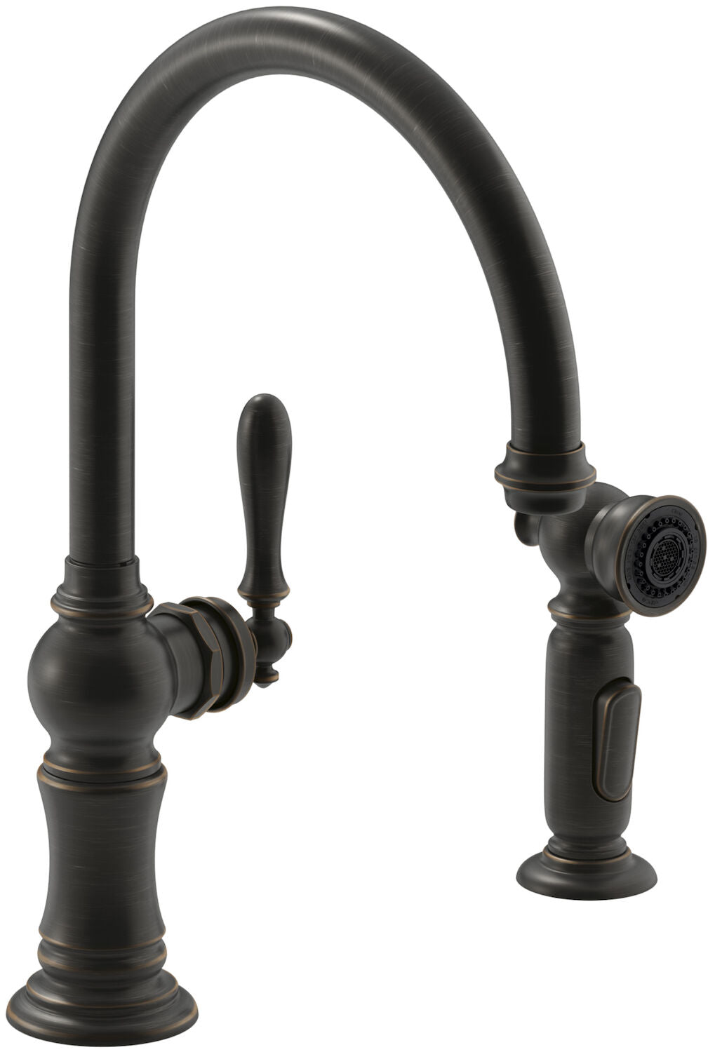 ARTIFACTS® 2-HOLE KITCHEN SINK FAUCET WITH 14-11/16-INCH SWING SPOUT AND MATCHING FINISH TWO-FUNCTION SIDE-SPRAY WITH SWEEP® AND BERRYSOFT® SPRAY, ARC SPOUT DESIGN