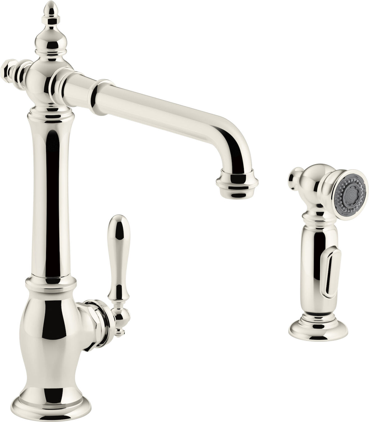 ARTIFACTS® 2-HOLE KITCHEN SINK FAUCET WITH 13-1/2-INCH SWING SPOUT AND MATCHING FINISH TWO-FUNCTION SIDESPRAY WITH SWEEP® AND BERRYSOFT® SPRAY, VICTORIAN SPOUT DESIGN - robinsonco.ca