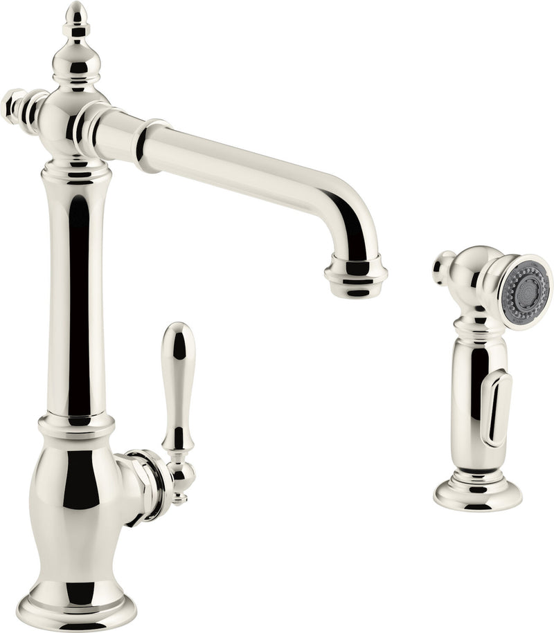 ARTIFACTS® 2-HOLE KITCHEN SINK FAUCET WITH 13-1/2-INCH SWING SPOUT AND MATCHING FINISH TWO-FUNCTION SIDESPRAY WITH SWEEP® AND BERRYSOFT® SPRAY, VICTORIAN SPOUT DESIGN - robinsonco.ca