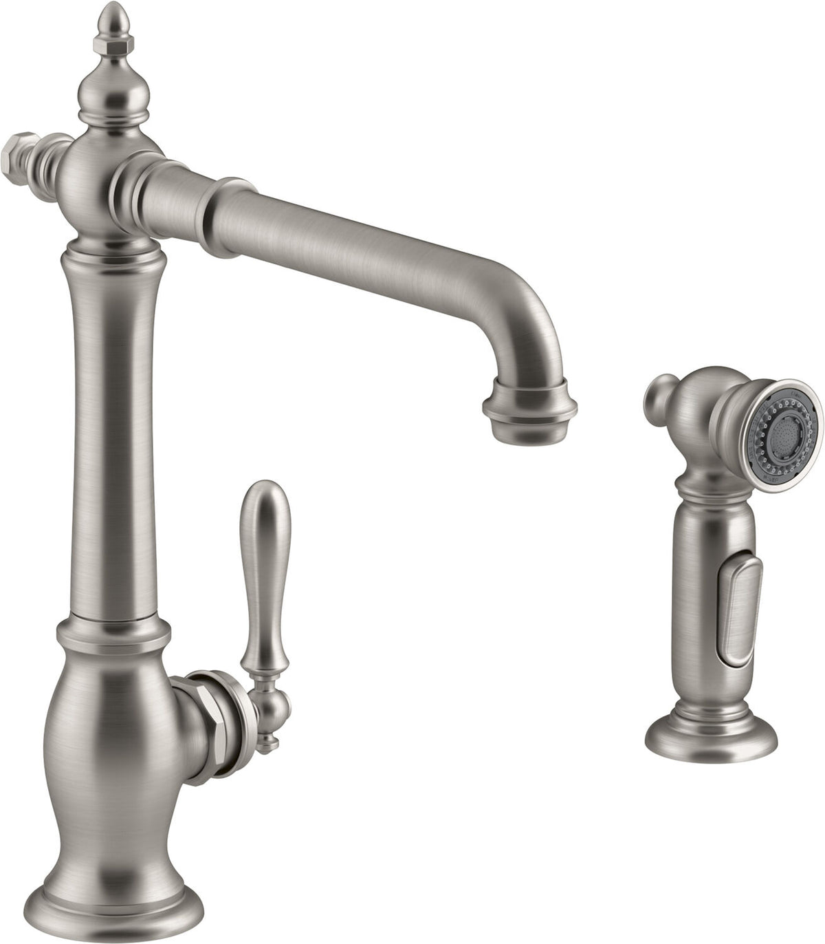 ARTIFACTS® 2-HOLE KITCHEN SINK FAUCET WITH 13-1/2-INCH SWING SPOUT AND MATCHING FINISH TWO-FUNCTION SIDESPRAY WITH SWEEP® AND BERRYSOFT® SPRAY, VICTORIAN SPOUT DESIGN - robinsonco.ca