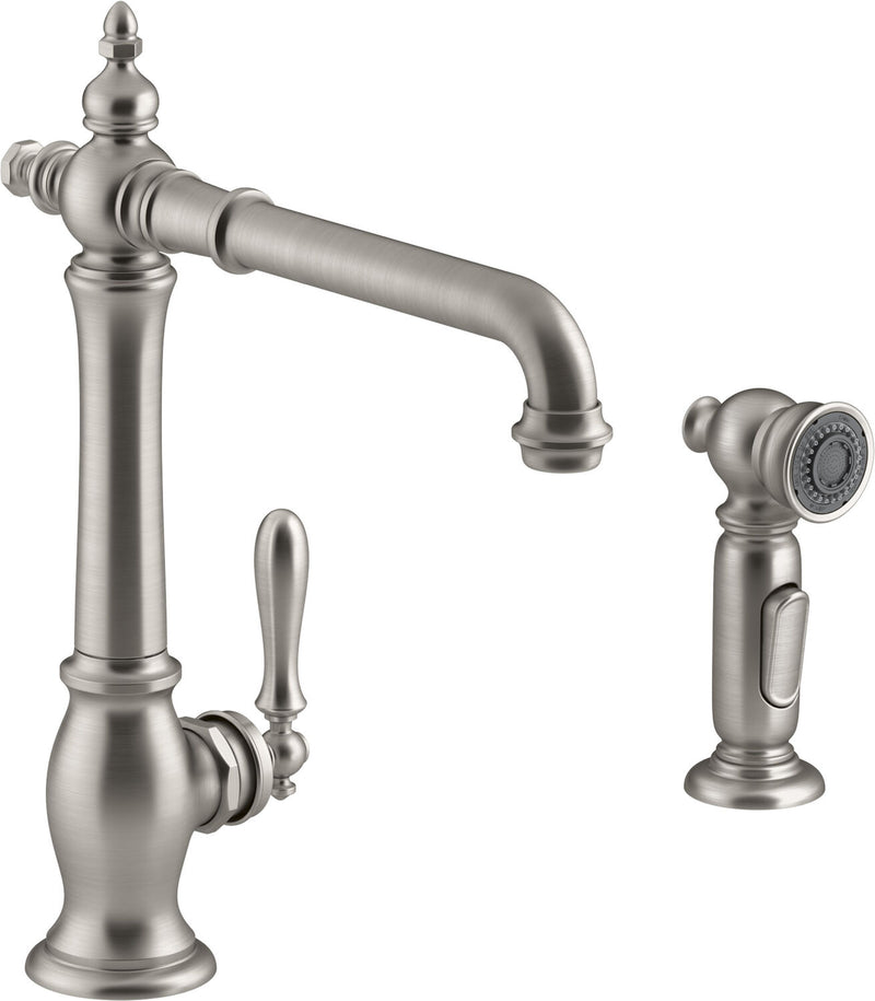 ARTIFACTS® 2-HOLE KITCHEN SINK FAUCET WITH 13-1/2-INCH SWING SPOUT AND MATCHING FINISH TWO-FUNCTION SIDESPRAY WITH SWEEP® AND BERRYSOFT® SPRAY, VICTORIAN SPOUT DESIGN - robinsonco.ca