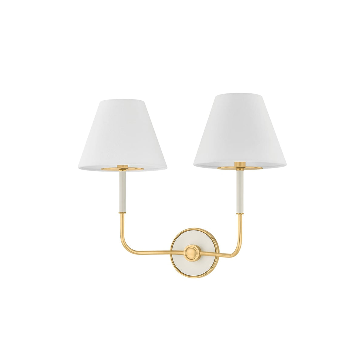 Wedgewood wall sconce by Hudson Valley with two off-white shades and aged brass acccents