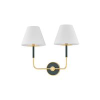 Hudson Valley Wedgewood wall sconce with two white shades and soft studio green accents