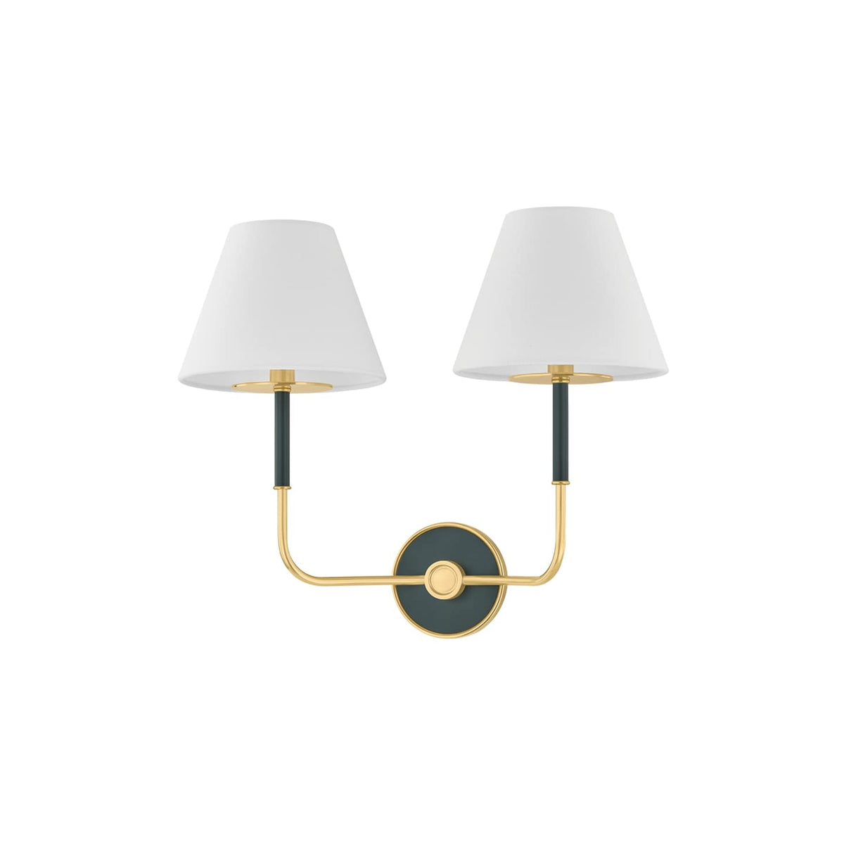 Hudson Valley Wedgewood wall sconce with two white shades and soft studio green accents