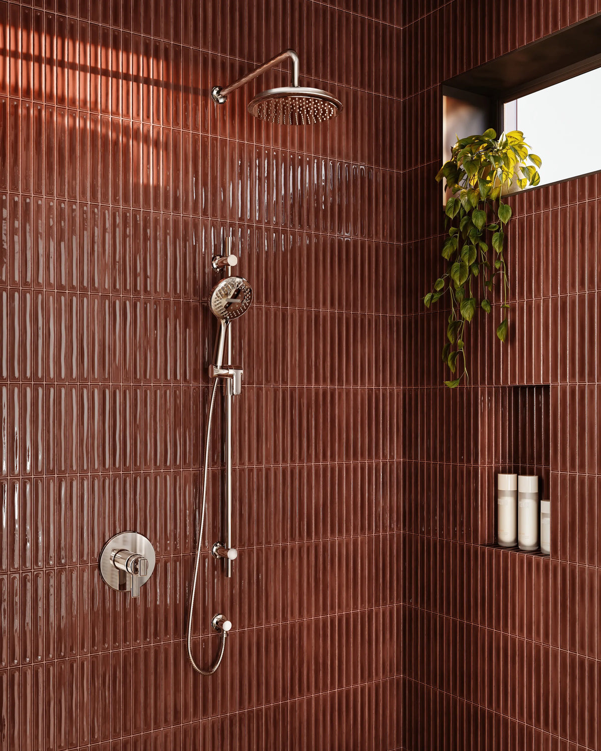 Riobel Manifesto 1/2 Therm & Pressure Balance Trim shown in shower with brown tile.  