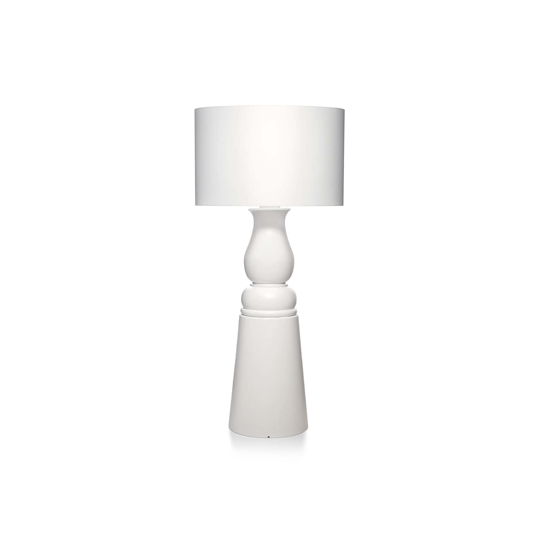 White Farooo floor lamp in small size with a cylindrical base and round shade.
