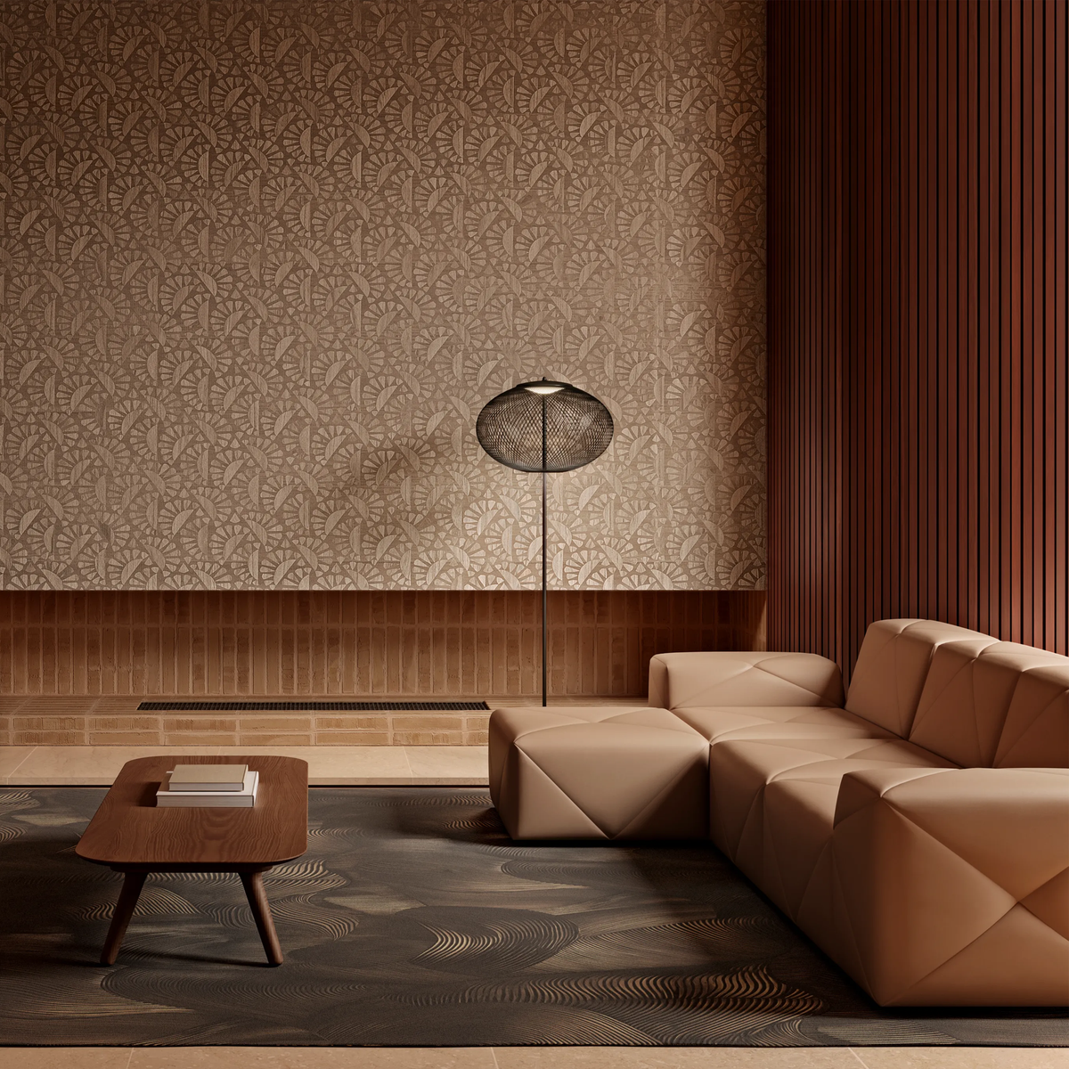 Modern living room with a brown leather sofa, wooden coffee table, and Moooi NR2 floor lamp.