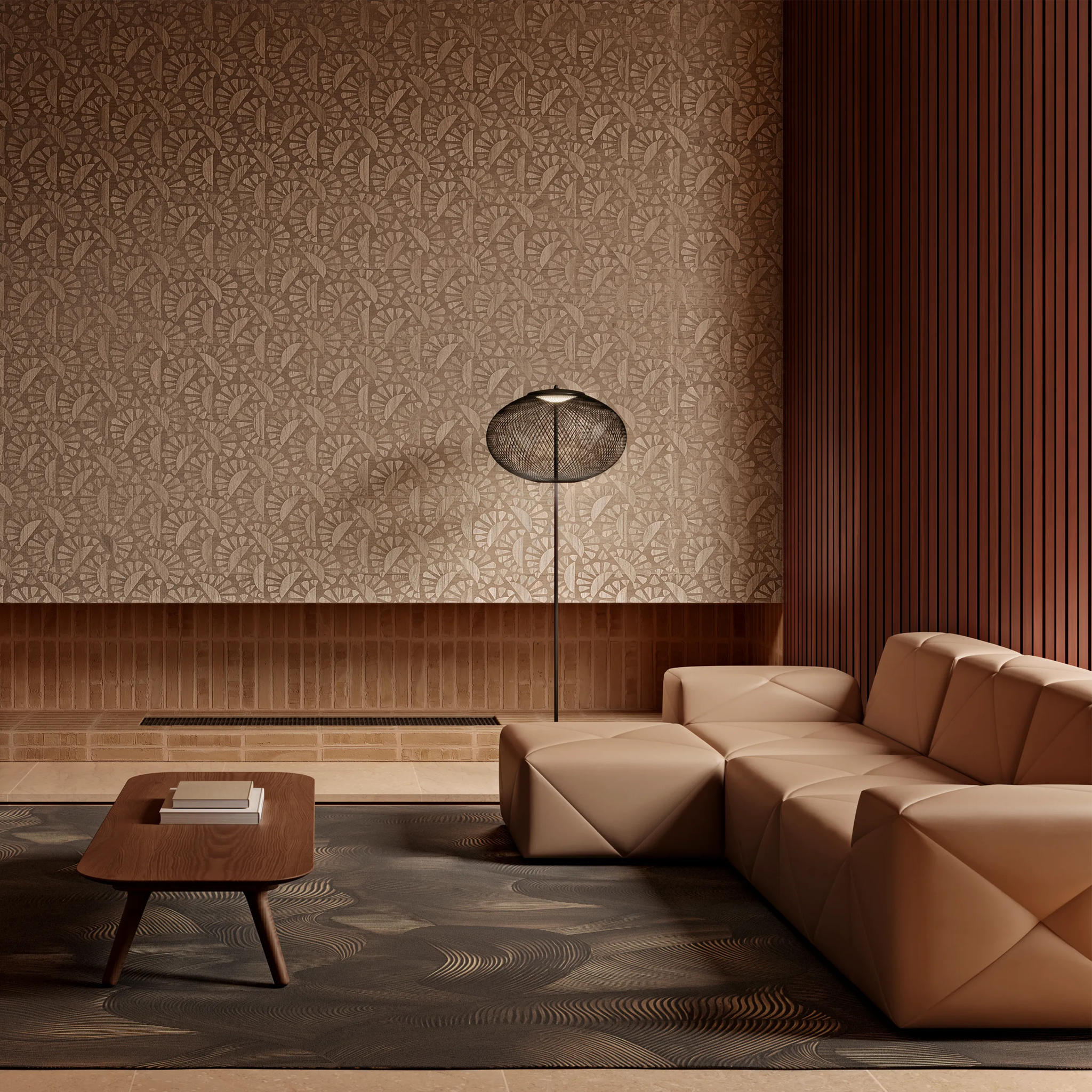 Modern living room with a brown leather sofa, wooden coffee table, and Moooi NR2 floor lamp.